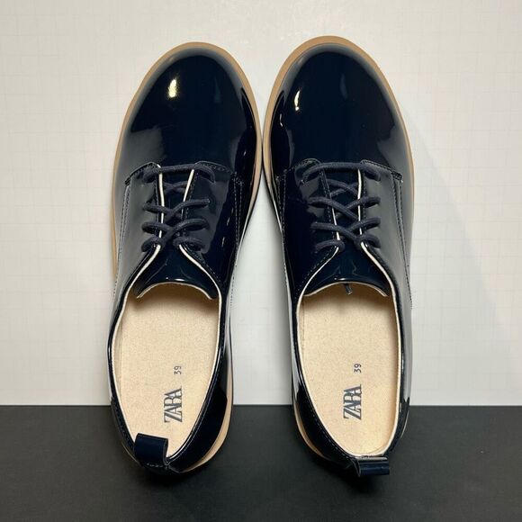 Womens ZARA Blucher Charol Navy Blue Patent Leather Lace Up Oxfords / Size 8 - Picture 5 of 9